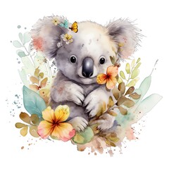 Spring koala floral watercolor illustration, spring clipart
