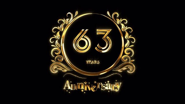 63rd Anniversary Celebration. Happy 63 Years Anniversary Animation in Gold Color on the Transparent Background, Alpha Channel. Great for greetings, celebrations, events, and gifts.