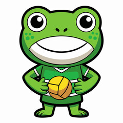 KAWAII style illustration of A greenfrog holding a volleyball ball