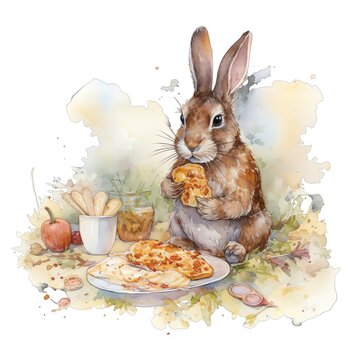 recommend clip art: Spring rabbit eating food in picnic watercolor illustration, spring clipart