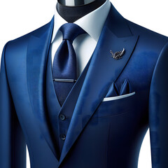A polished royal blue suit with a modern cut jacket and trousers, shown on a white background 
