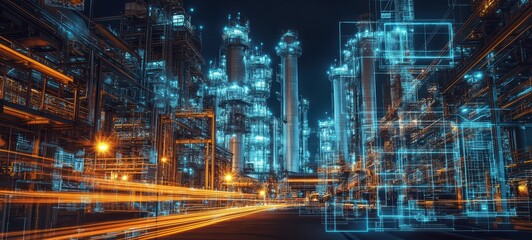 Industrial steel infrastructure with transparent blueprint drawings