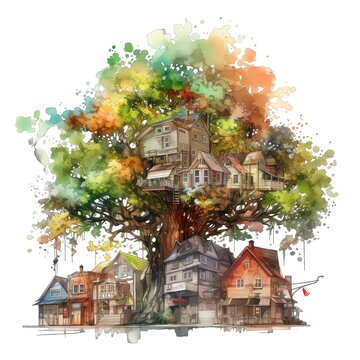 Spring Treehouse Watercolor Illustration, Spring Clipart