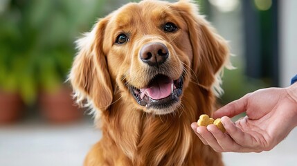 Golden Retriever dog being fed a treat, looking happy