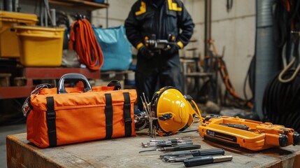 Generate a photo realistic image of technicians training on safety equipment maintenance, with equipment maintenance procedures, toolkits, and maintenance schedule visible