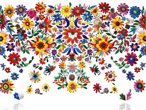 Colorful Mexican embroidery floral pattern on a white background