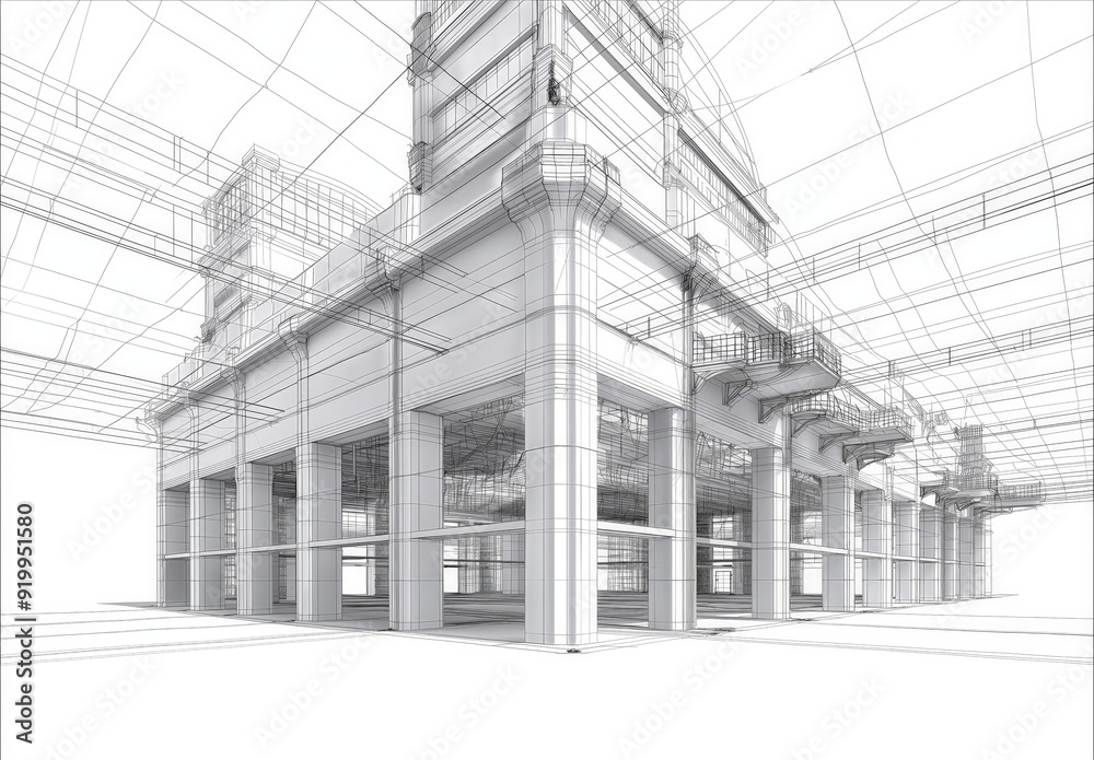 Poster industrial building wireframe rendering with architectural and construction details