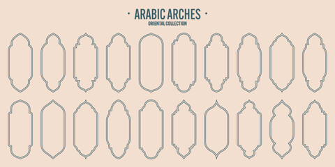 Fototapeta premium Islamic frames, oriental style objects. Arabic shapes, windows and arches. Traditional ornamental banner, frame. Muslim holidays, Ramadan Kareem. Modern eastern architecture. Vector illustration