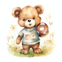 Cute watercolor bear doing sports illustration, teddy bears clipart