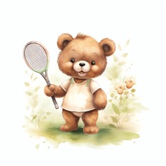 Cute watercolor bear doing sports illustration, teddy bears clipart