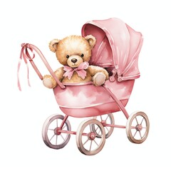 Cute watercolor bear in pink baby stroller illustration, teddy bears clipart