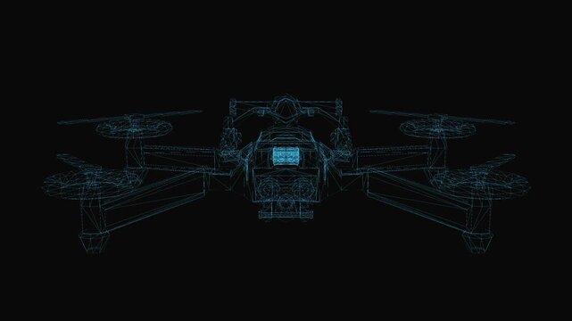 Military drone wireframe scheme. 3d render with blue grid lines. Loop rotation on black background. 