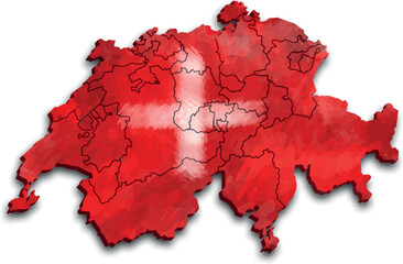SWITZERLAND MAP WITH REGIONS AND ADMINISTRATIVE DIVISIONS WITH FLAG WATERCOLOR STYLE