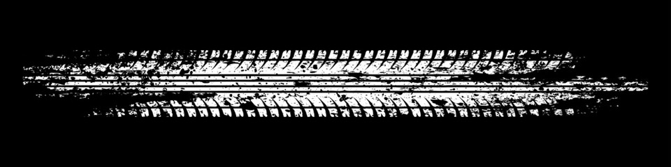 Grunge tire track, wheel braking marks. White truck, car or motorcycle tread pattern silhouette. Auto race, motorsport, speed racing design element. Vector illustration