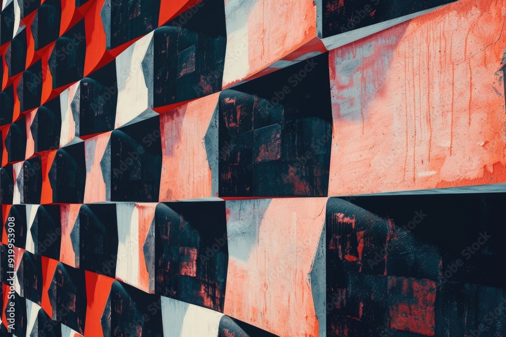 Poster a close-up of a checkered wall with alternating black and white squares, featuring red accents