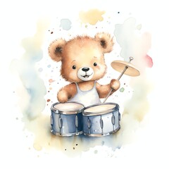 Cute watercolor drummer teddy bear illustration, teddy bears clipart