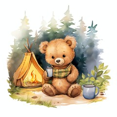 Cute watercolor teddy bear camping illustration, teddy bears clipart