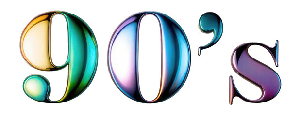 Holographic inscription 90s on a transparent background, shiny chrome element in the Y2K style. Bright vibrant colors, PNG.