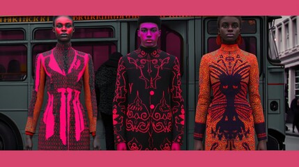 Two women in intricately designed, bold, patterned outfits stand against a vibrant, geometric background