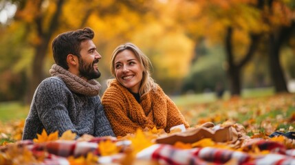 Happy couple enjoying autumn picnic in park
