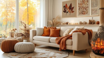 Cozy autumn living room with seasonal decor
