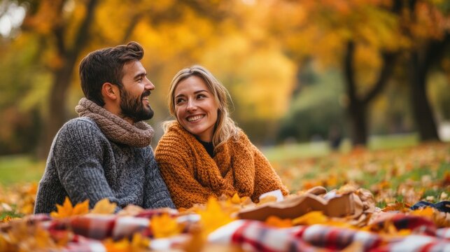 Happy couple enjoying autumn picnic in park
 - Powered by Adobe