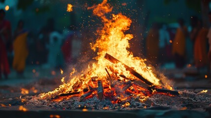 Bonfire burning brightly at outdoor gathering
