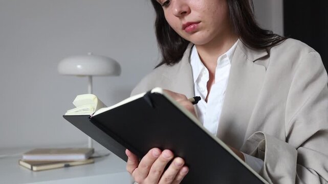 Business woman writing at the notepad making notes portrait close up