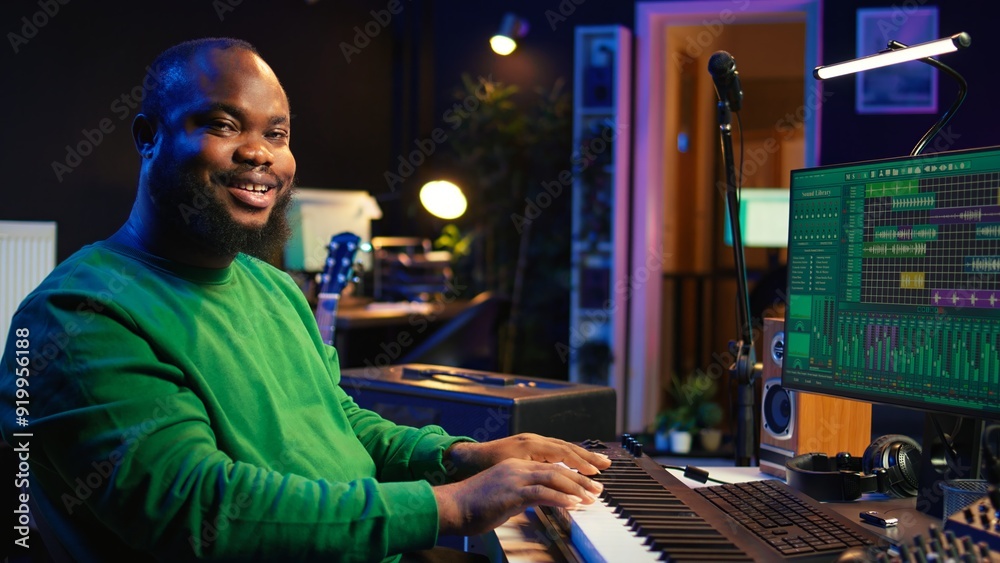 Poster Modern producer playing piano keys to record new soundtrack, trying to produce song using midi controller electronic keyboard. Songwriter composer playing instrument notes to create tunes. Camera B.