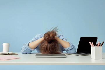 Exhausted woman resting her head on desk, surrounded by laptop and stationery, depicting burnout, stress, and fatigue in modern work environment.