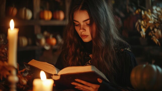 Young woman reading by candlelight in autumn setting
