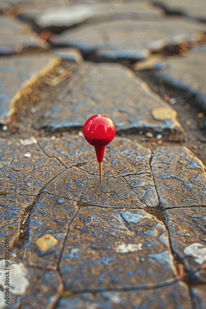 Poster a single red pin stuck in the middle of a concrete sidewalk, great for indicating directions or high