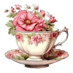 Victorian watercolor tea cup with pink flowers illustration, vintage victorian pink clipart