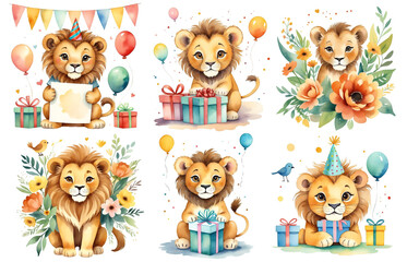 Illustration of birtdhay lion with gifts and banners isolated on white background. Set of birthday illustrations for kids