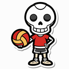  KAWAII style illustration of A skeleton holding a volleyball ball. Dressed as a volleyball player,