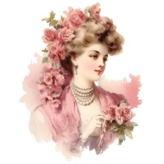 Victorian watercolor victorian woman with pink dress floral illustration, vintage victorian pink...