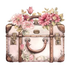 Victorian watercolor vintage floral victorian travel bag shabby chic illustration, vintage...