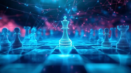 A digital chessboard with holographic pieces symbolizing AI in business strategy.