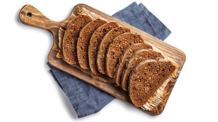 Rye bread slices presented on a wooden board with a blue napkin, white backdrop, top view, indicating healthy eating.