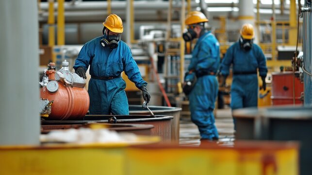 Generate a photo realistic image of workers training on chemical spill response procedures, with spill containment drills, chemical spill cleanup equipment, and hazardous material handling