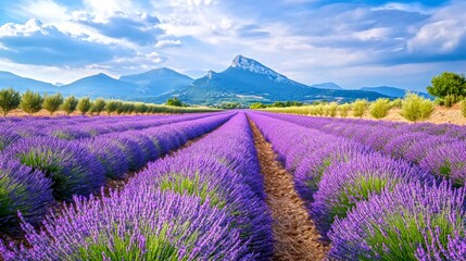 Obraz premium Lavender field at sunrise with vibrant purple flowers and mountains in the background. Perfect for landscape and nature-themed projects. Ideal for wall art, prints, or digital use. AI