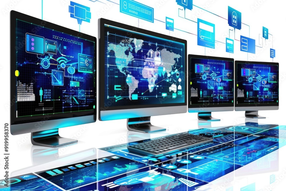 Poster row of computer monitors placed on a desk, useful for work or home office settings