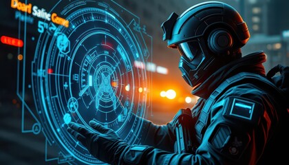 Futuristic soldier interacting with holographic interface.
