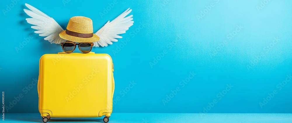 Wall mural the colorful accessories for summer travel include a yellow suitcase, stylish sunglasses, and a play