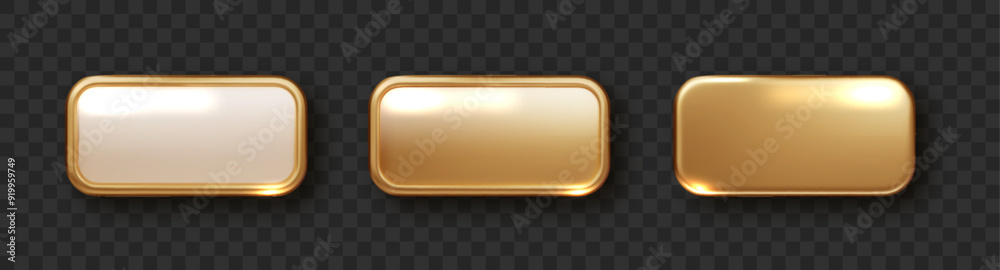 Wall mural golden plate button shape with frame. realistic isolated design element, golden glossy label. realis