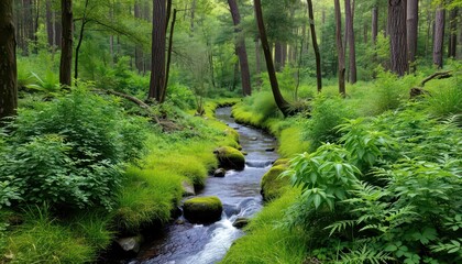 Obraz premium Tranquil Stream Flowing Through Lush Forest.