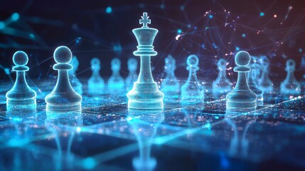 A digital chessboard with holographic pieces symbolizing AI in business strategy.