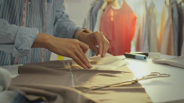 A modern lady at her work table marks fabric, preparing to cut along the lines. A seamstress works out a pattern in detail, using chalk to cut out the fabric. A pattern for marking fabrics