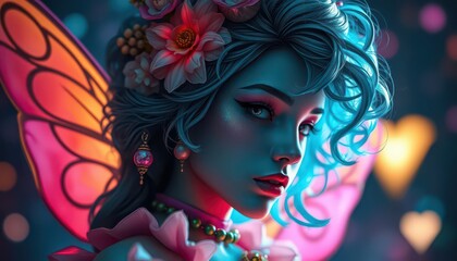 Naklejka premium Mystical Fairy with Butterfly Wings and Flowers.