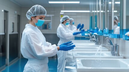 Generate a photo realistic image of workers receiving training on personal hygiene in the workplace, with hygiene protocols, handwashing stations, and hygiene awareness materials visible